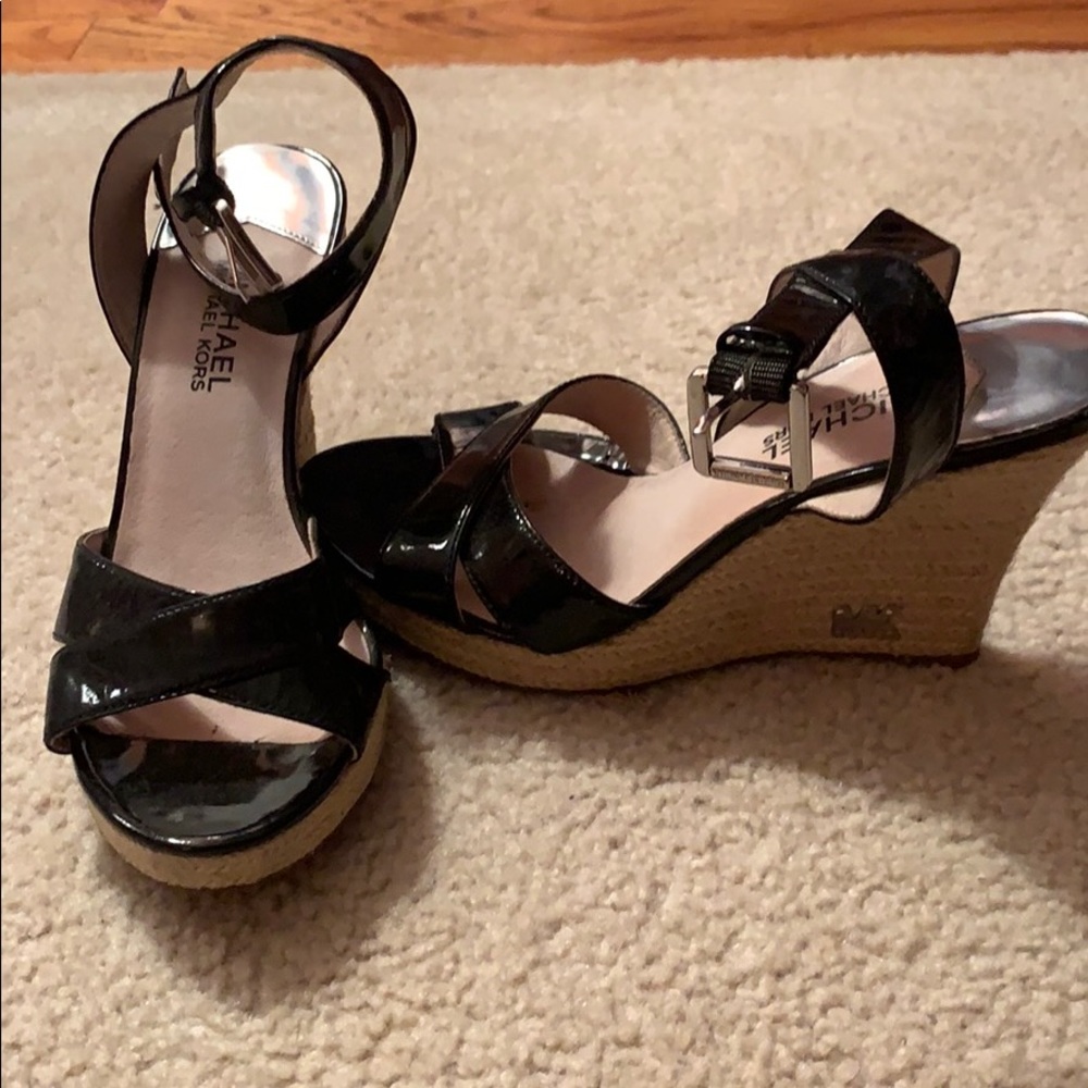 Black metallic wedge sandals
